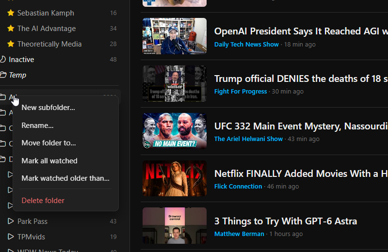 TubeReader right-click menu for a channel folder
