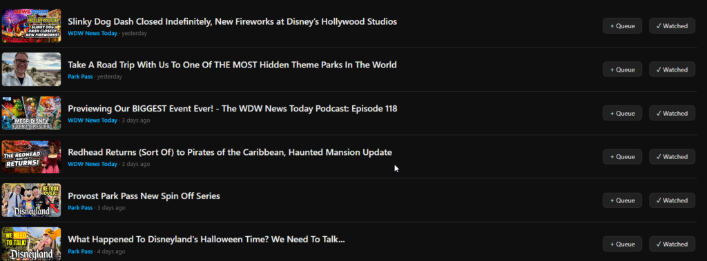 TubeReader list of unwatched videos with Queue and Watched buttons
