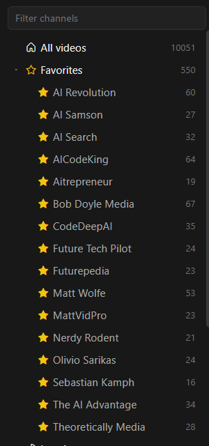 TubeReader sidebar with channels sorted into folders and subfolders