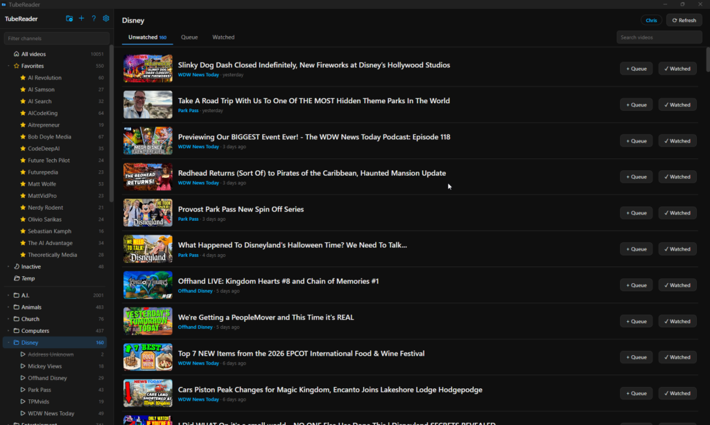 TubeReader main window: channels in folders on the left, unwatched videos on the right