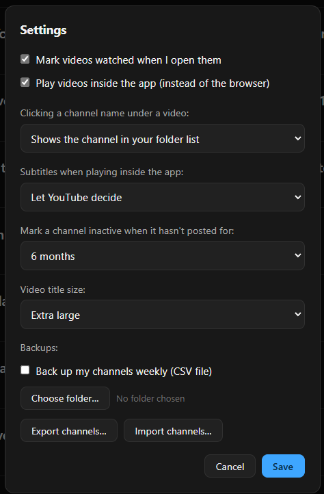 TubeReader settings window